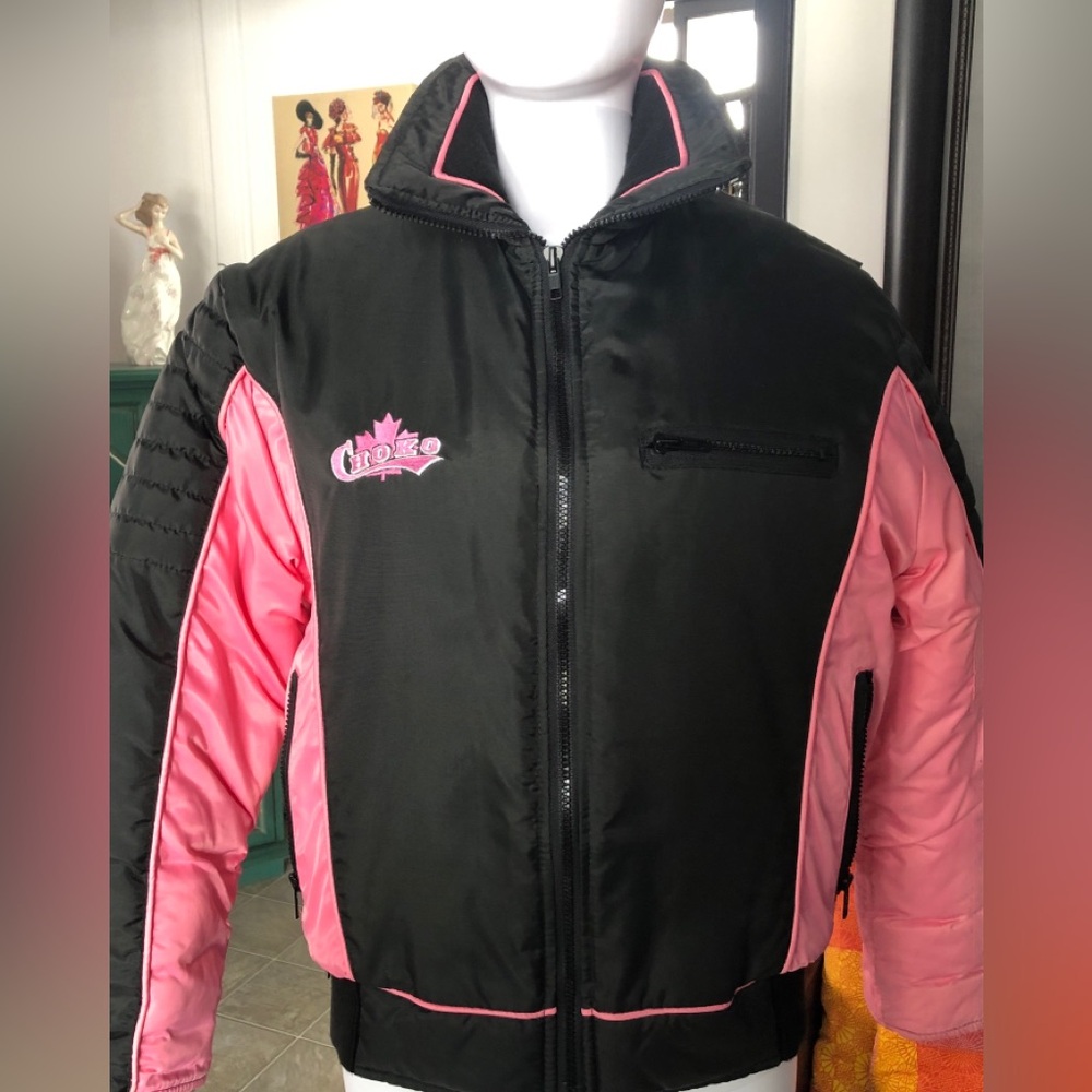 Black and Pink Ski Snow Jacket with Quilted Sleeves Vintage